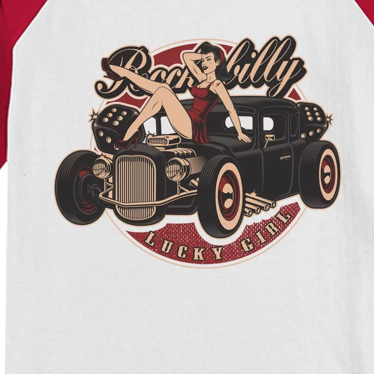 Pin Up Lucky Girl Classic Hot Rod Rockabilly Kids Colorblock Raglan Jersey