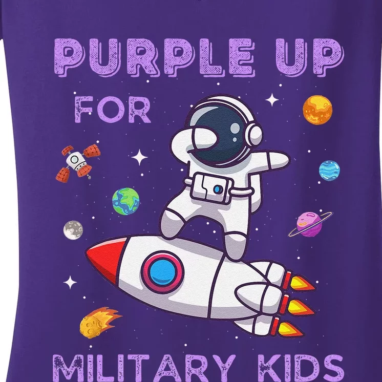 Purple Up Military Ki.Ds Military Child Month Astronaut Funny Women's V-Neck T-Shirt