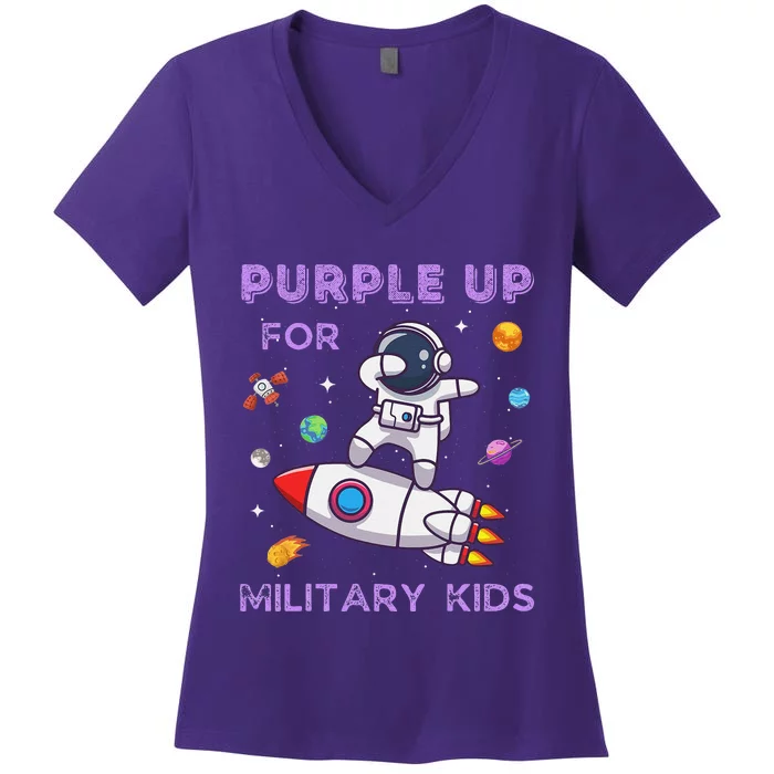 Purple Up Military Ki.Ds Military Child Month Astronaut Funny Women's V-Neck T-Shirt