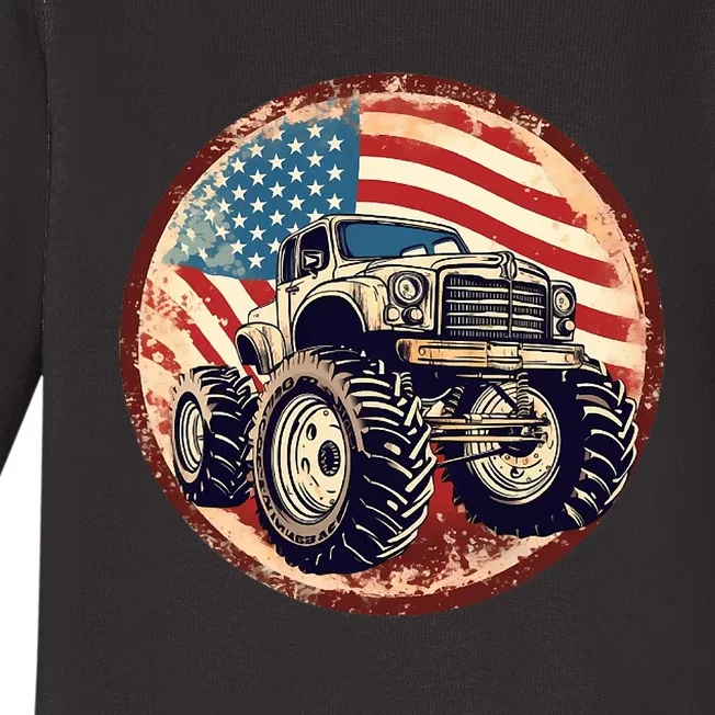 Patriotic Usa Monster Truck Baby Long Sleeve Bodysuit