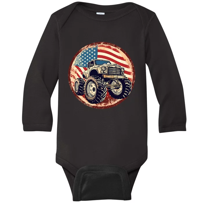 Patriotic Usa Monster Truck Baby Long Sleeve Bodysuit