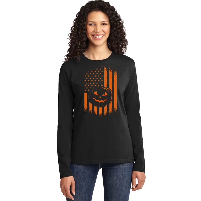 Pumpkin America Halloween Flag Ladies Long Sleeve Shirt