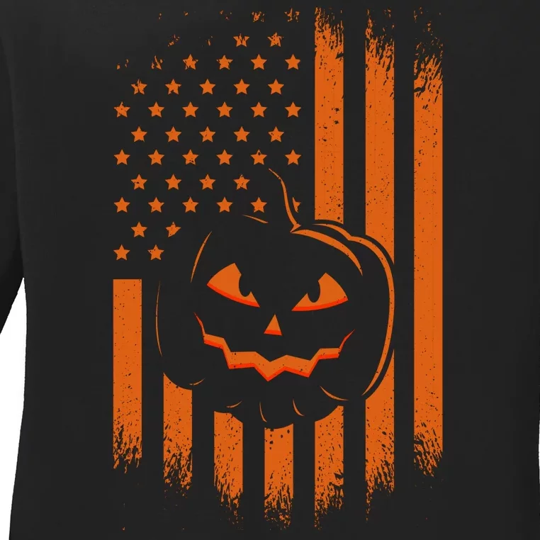 Pumpkin America Halloween Flag Ladies Long Sleeve Shirt