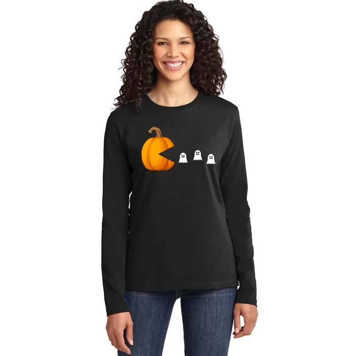 Pumpkin Ghosts Retro Pic Elated Ladies Long Sleeve Shirt