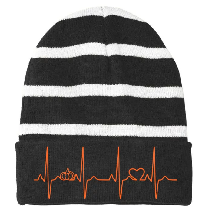 Pumpkin Halloween Heartbeat Pulse Striped Beanie with Solid Band