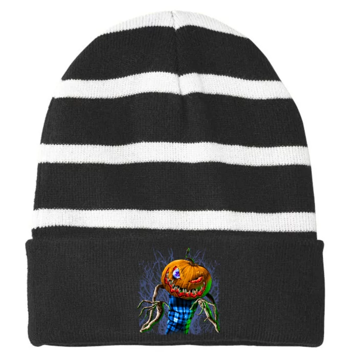 Pumpkinhead Scarecrow Halloween Striped Beanie with Solid Band