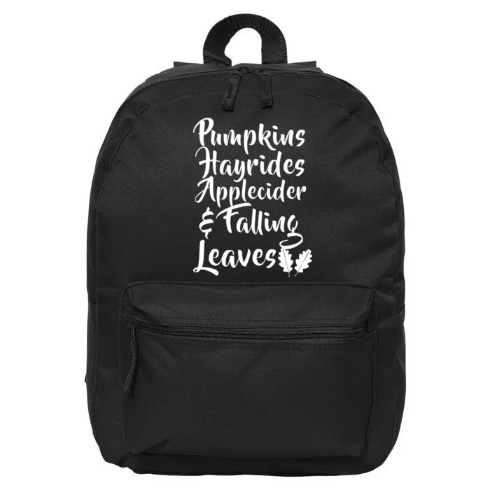 Pumpkins Hayrides Apple Cider and Falling Leaves 16 in Basic Backpack