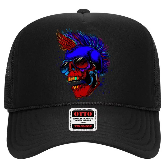 Punk Rock Neon Skull Head High Crown Mesh Trucker Hat