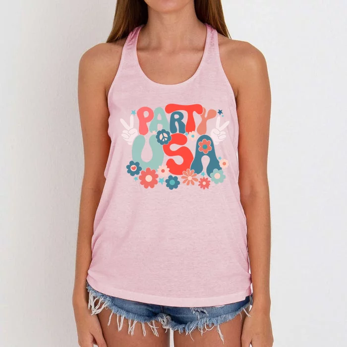 Party Usa Patriotic Groovy Retro Happy 4th Of July Gift Women's Knotted Racerback Tank