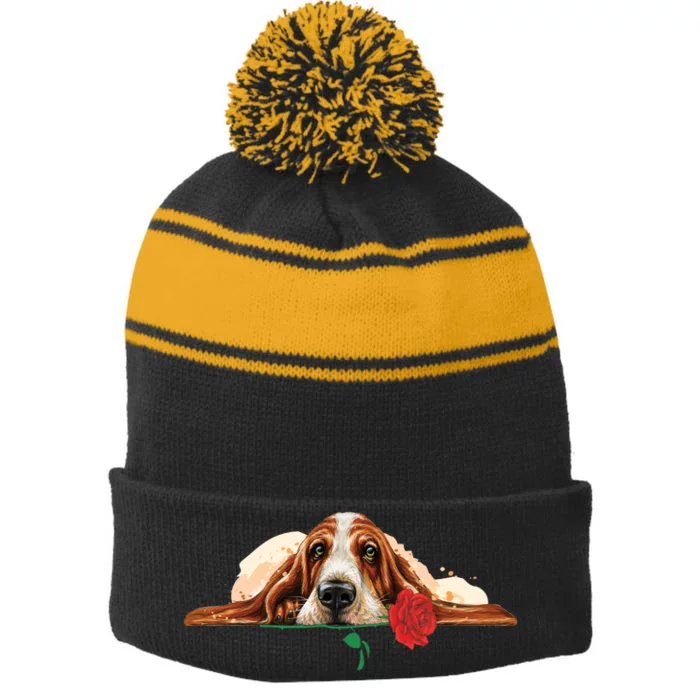 Puppy Love Red Rose Stripe Pom Pom Beanie