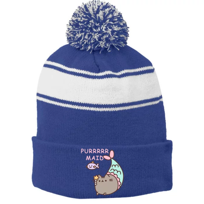 Purrrrr Maid Funny Cute Cat Mermaid Stripe Pom Pom Beanie