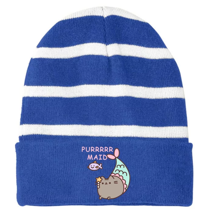 Purrrrr Maid Funny Cute Cat Mermaid Striped Beanie with Solid Band