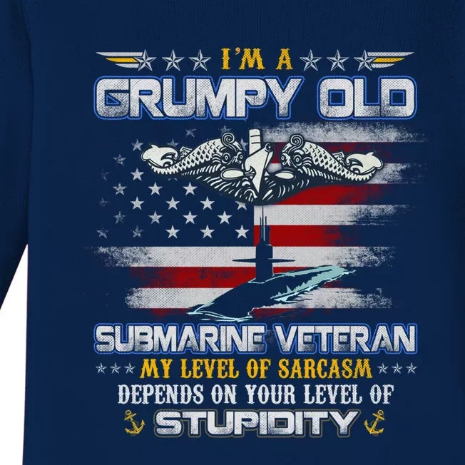 Proud U S Submarine Grumpy Old Veteran Submariner Usa Flag Gift Baby Long Sleeve Bodysuit