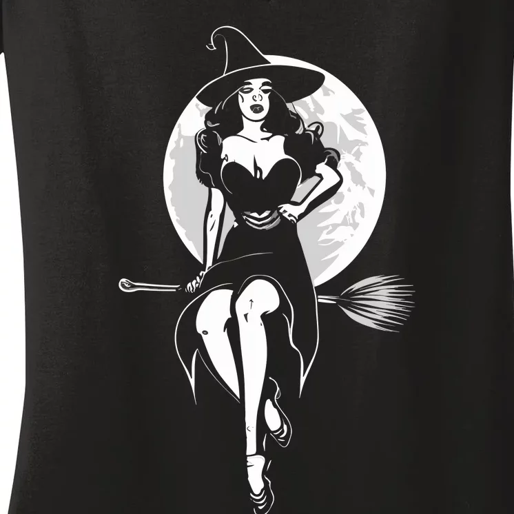 Pin Up Witch Halloween Pinup Halloween Women's V-Neck T-Shirt