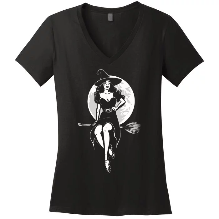 Pin Up Witch Halloween Pinup Halloween Women's V-Neck T-Shirt