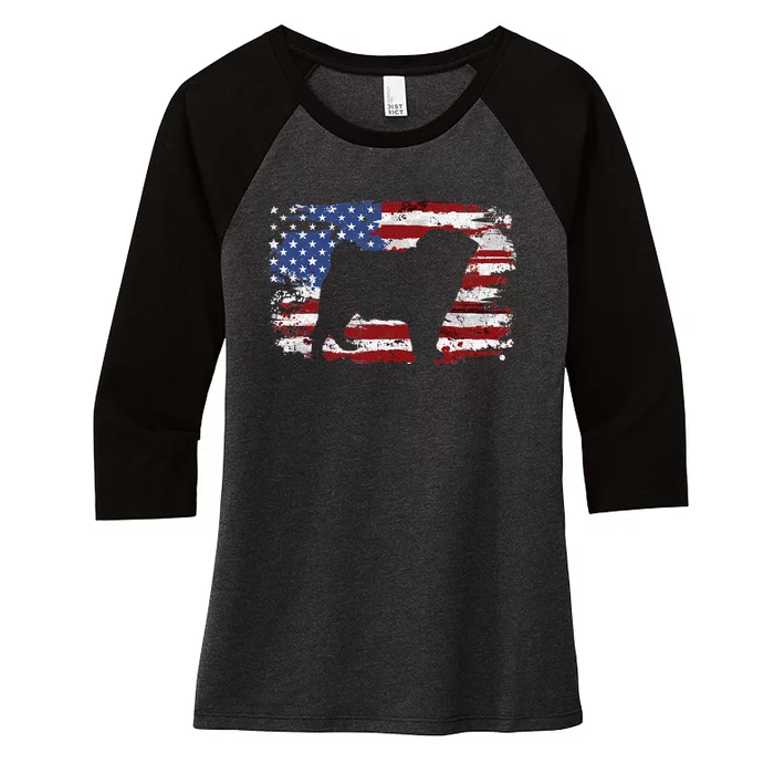 Pug Vintage American Flag Women's Tri-Blend 3/4-Sleeve Raglan Shirt