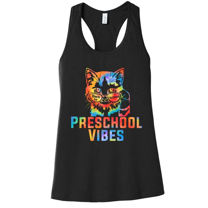 Preschool Vibes Back To School Cat Kitty Girl Tie Dye Gift Women's Racerback Tank