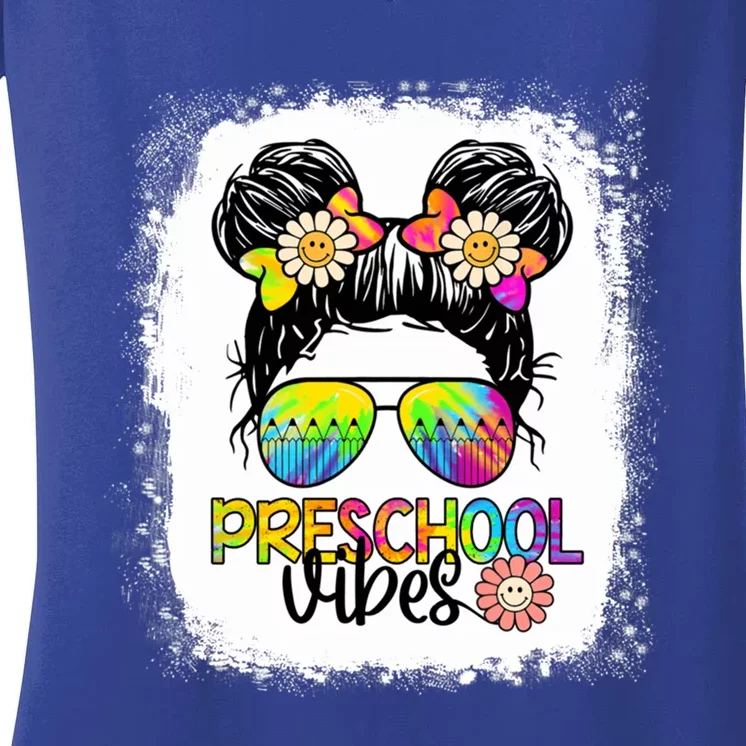 Preschool Vibes Bleached Messy Hair Bun Back To School Gift Women's V-Neck T-Shirt