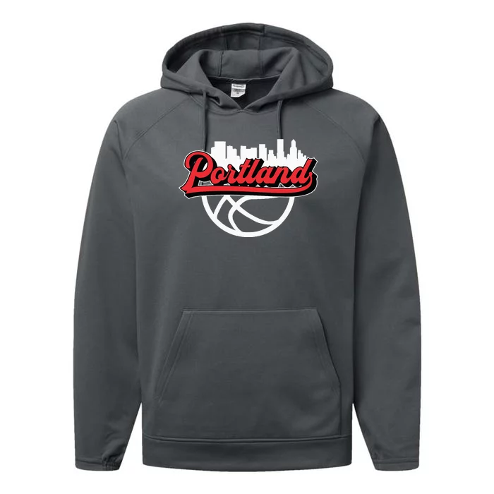 Portland Vintage Basketball Script City Skyline Fan Performance Fleece Hoodie