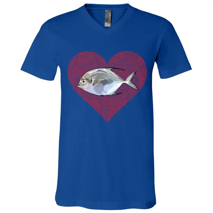 Pompano Valentines Day Fish Love Fingerprint Cute Gift V-Neck T-Shirt