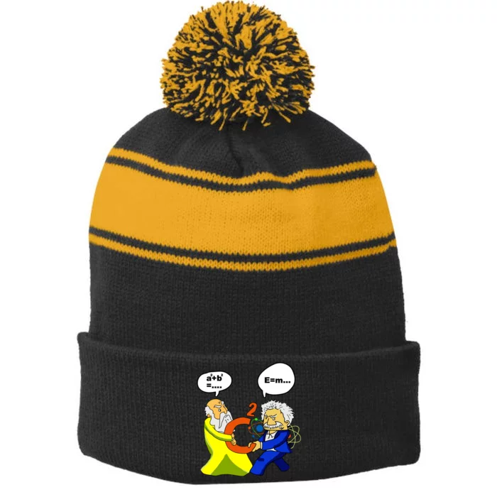 Pythagoras Vs Einstein Funny Math Science Stripe Pom Pom Beanie