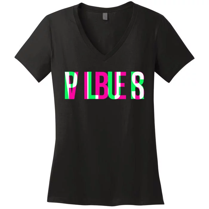 Plur Vibes Edm Rave Optical Illusion Glitch Trippy Raver Women's V-Neck T-Shirt