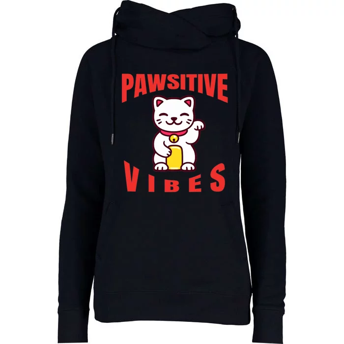 Pawsitive Vibes Funny Cat Japanese Anime Womens Funnel Neck Pullover Hood