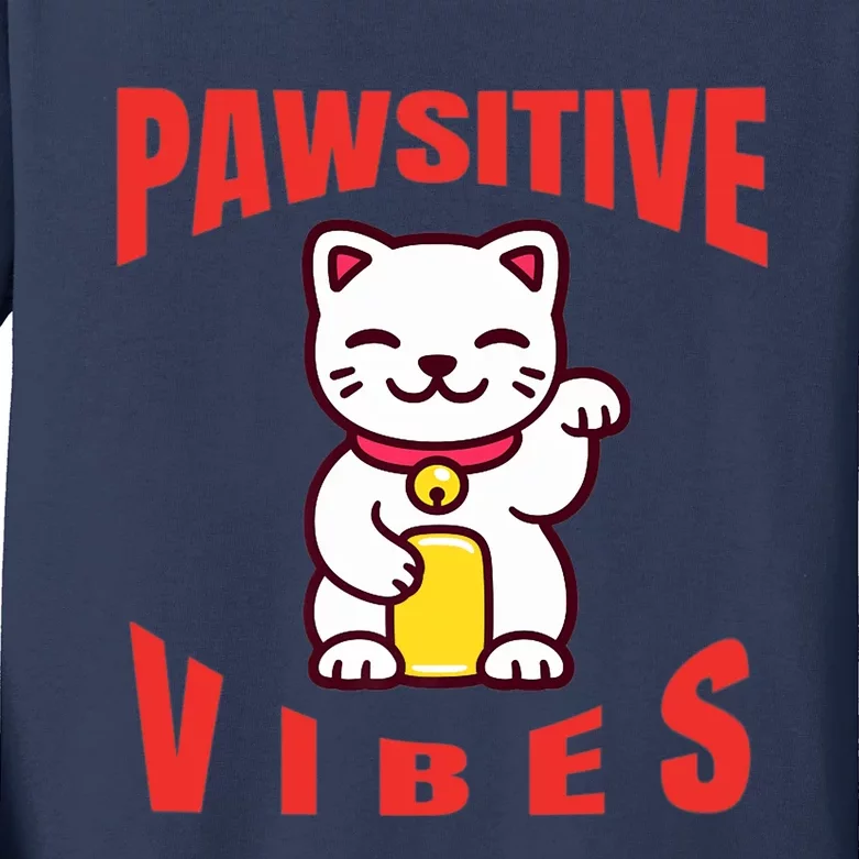 Pawsitive Vibes Funny Cat Japanese Anime Kids Long Sleeve Shirt