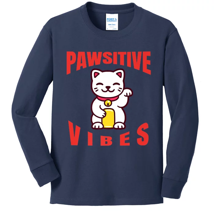 Pawsitive Vibes Funny Cat Japanese Anime Kids Long Sleeve Shirt