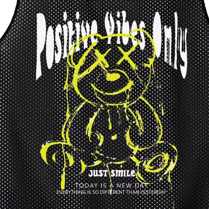 Positive Vibes Only Neon Teddy Bear Motivational Streetwear Mesh Reversible Basketball Jersey Tank