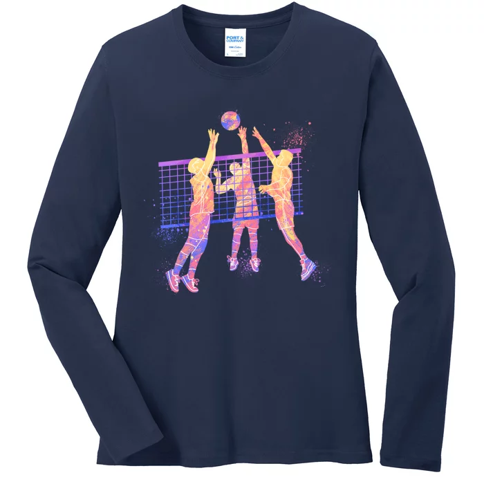 Playing Volleyball Players Colored Blocks Ladies Long Sleeve Shirt