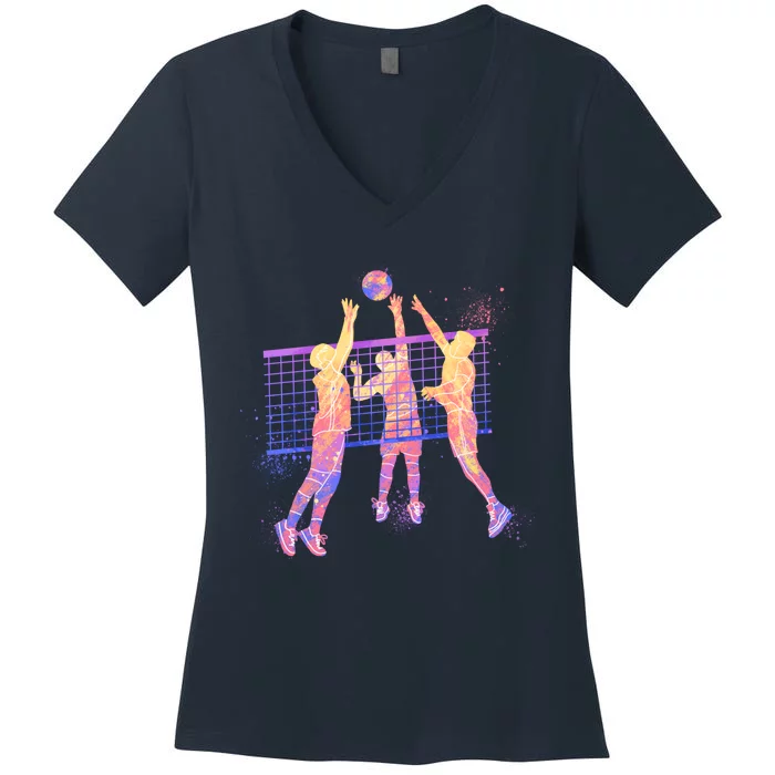 Playing Volleyball Players Colored Blocks Women's V-Neck T-Shirt