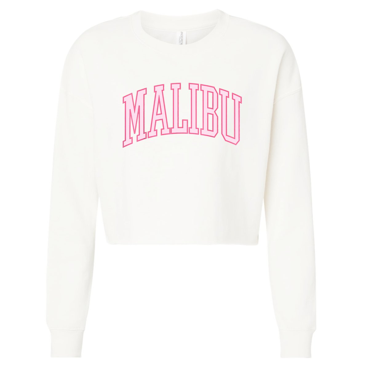 Preppy Varsity Pink Malibu CA California Font Cropped Pullover