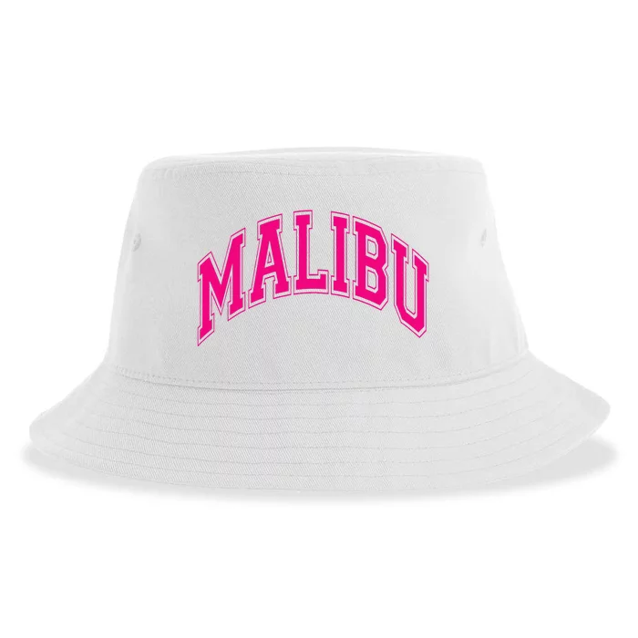 Preppy Varsity Pink Malibu CA California Font Sustainable Bucket Hat