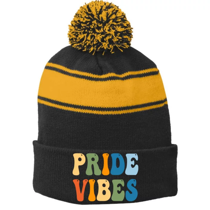 Prides Vibes Retro LGBTQ Stripe Pom Pom Beanie