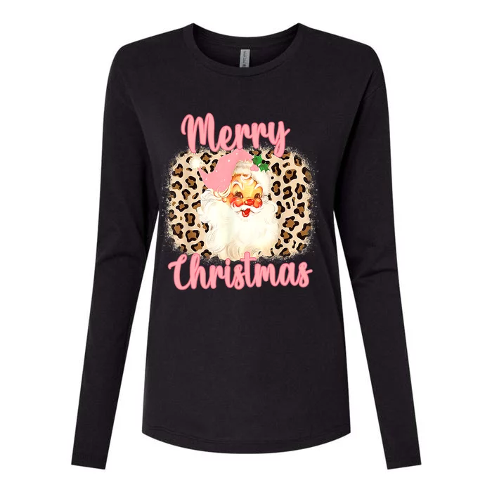 Pink Vintage Santa Claus Merry Christmas Leopard Womens Cotton Relaxed Long Sleeve T-Shirt