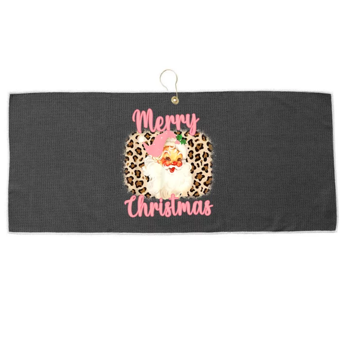 Pink Vintage Santa Claus Merry Christmas Leopard Large Microfiber Waffle Golf Towel