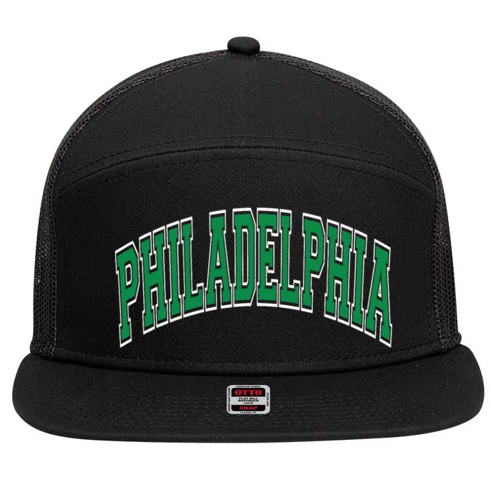 Philadelphia Varsity Style Green Text 7 Panel Mesh Trucker Snapback Hat