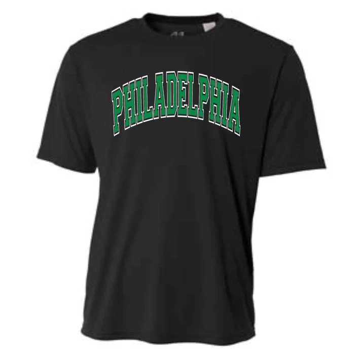 Philadelphia Varsity Style Green Text Cooling Performance Crew T-Shirt