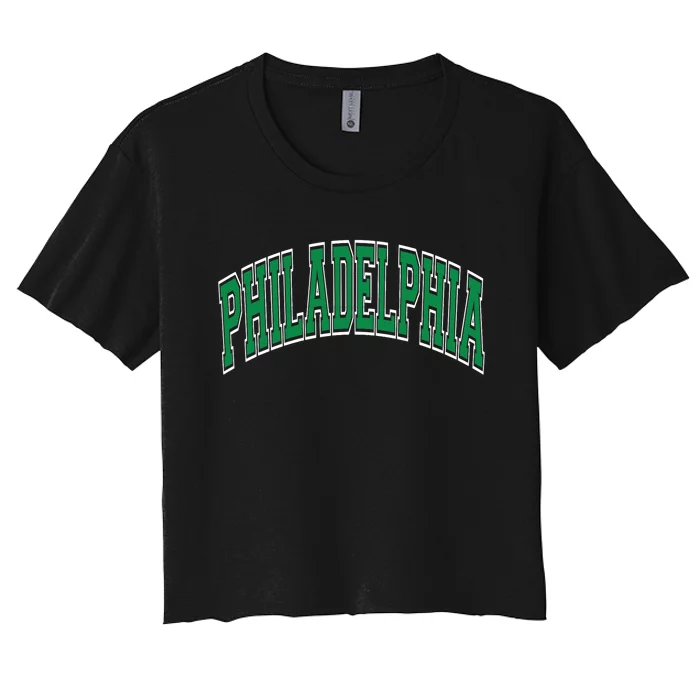 Philadelphia Varsity Style Green Text Women's Crop Top Tee