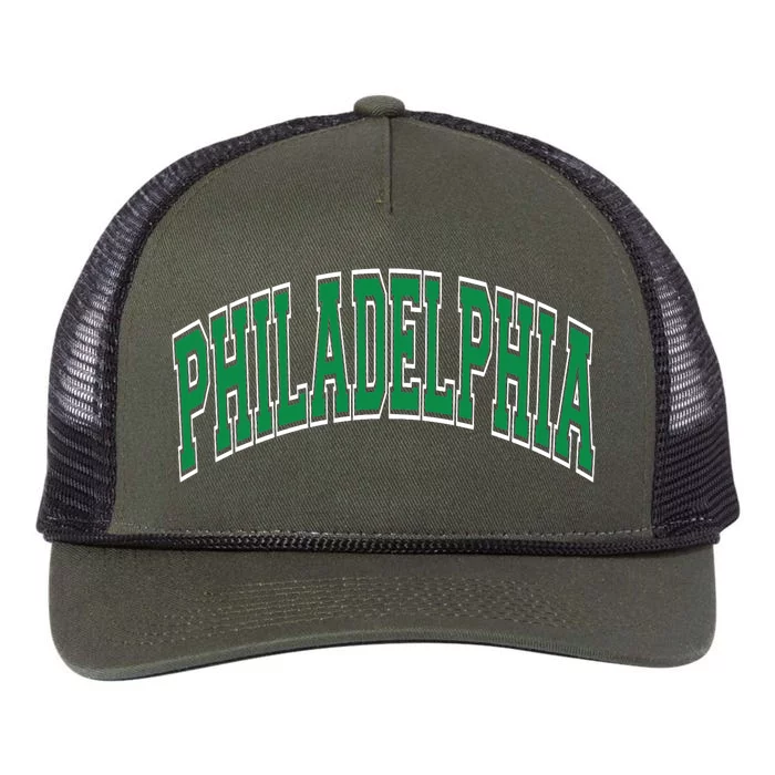 Philadelphia Varsity Style Green Text Retro Rope Trucker Hat Cap