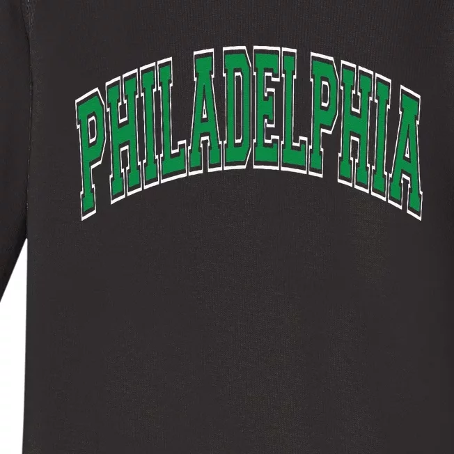 Philadelphia Varsity Style Green Text Baby Long Sleeve Bodysuit