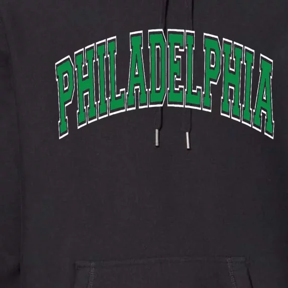 Philadelphia Varsity Style Green Text Premium Hoodie