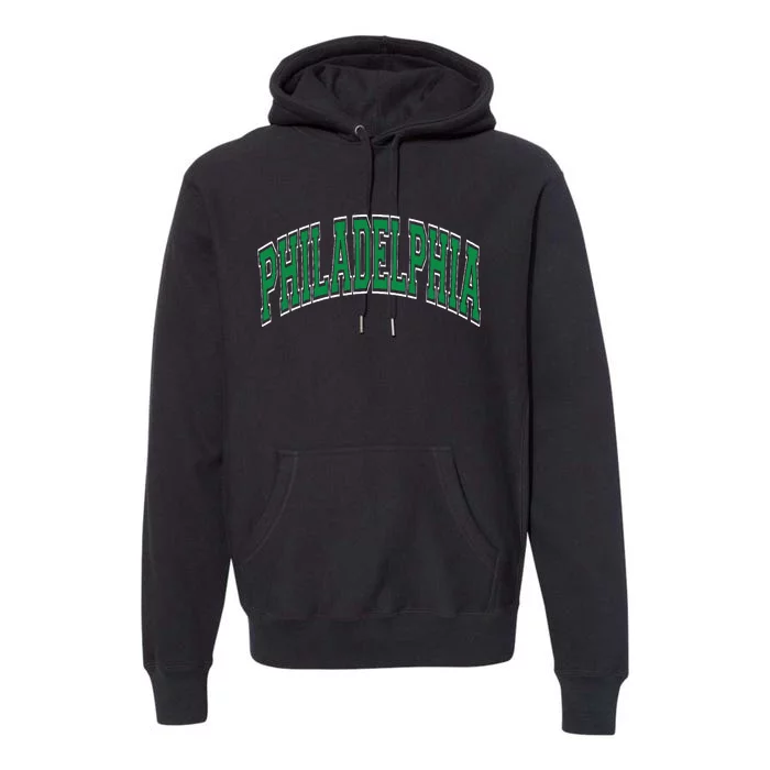 Philadelphia Varsity Style Green Text Premium Hoodie