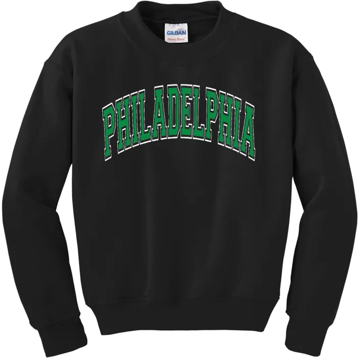 Philadelphia Varsity Style Green Text Kids Sweatshirt