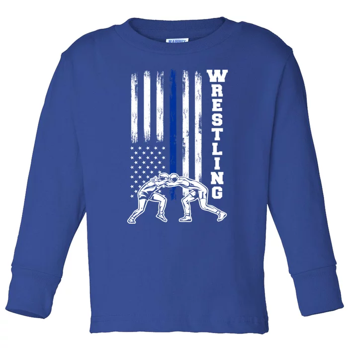 Patriotic Vintage Usa American Flag Wrestler Wrestling Cool Gift Toddler Long Sleeve Shirt