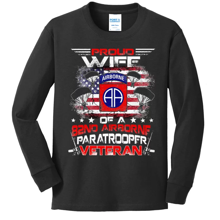 Proud Wife 82nd Airborne Paratrooper Veteran Flag Kids Long Sleeve Shirt