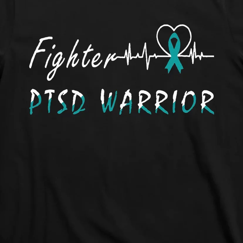 PTSD Warrior Awareness Fighter Support Teal Ribbon Heartbeat T-Shirt