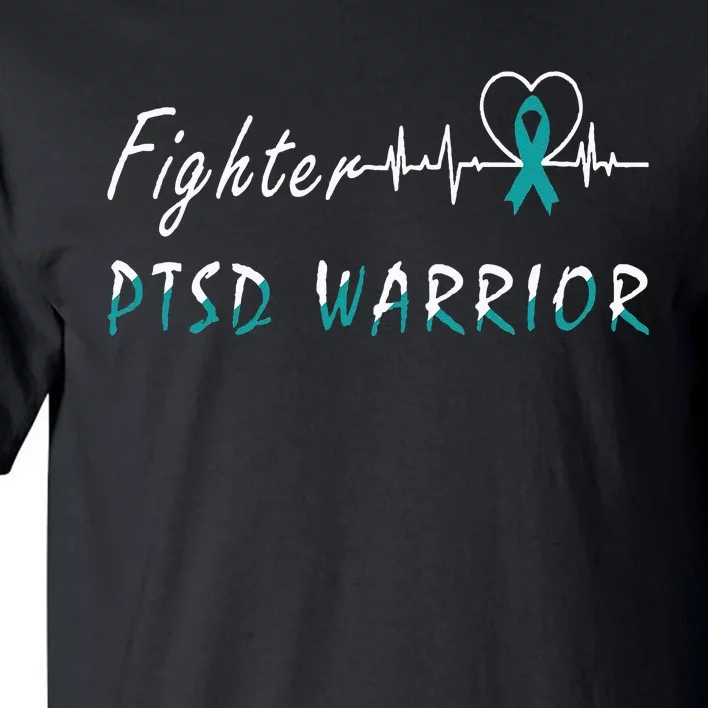 PTSD Warrior Awareness Fighter Support Teal Ribbon Heartbeat Tall T-Shirt