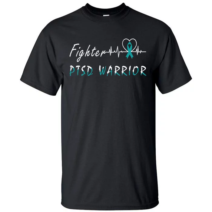 PTSD Warrior Awareness Fighter Support Teal Ribbon Heartbeat Tall T-Shirt